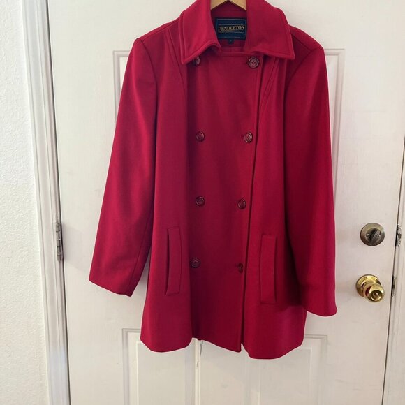 Pendleton Woman's Red Italian Fabric100% Wool Classic Pea Coat Sz 14 - Picture 1 of 10